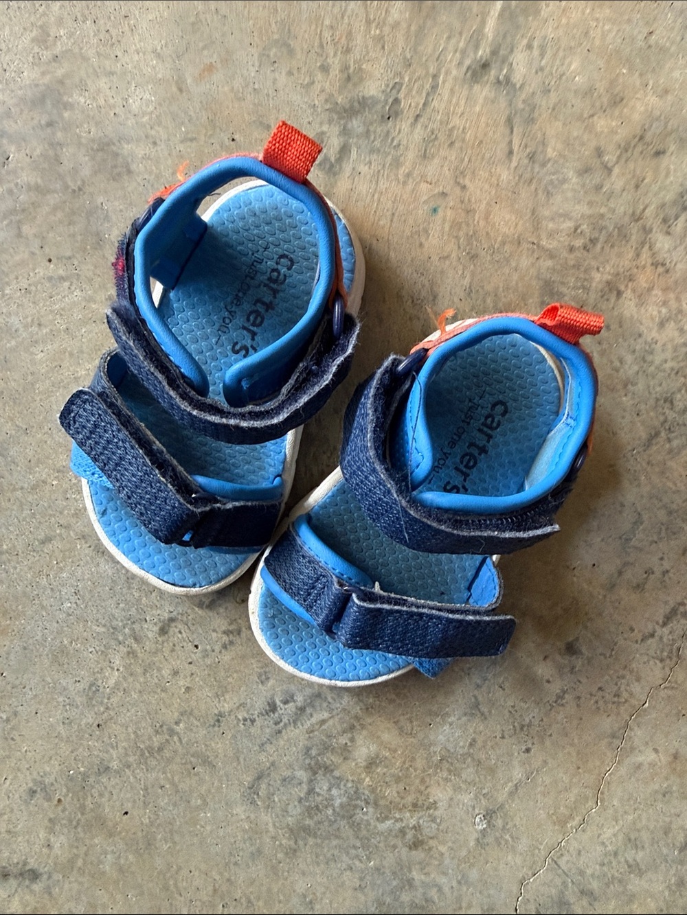Carter's Blue Kids Sandals with Navy Straps and Orange Pull Tabs